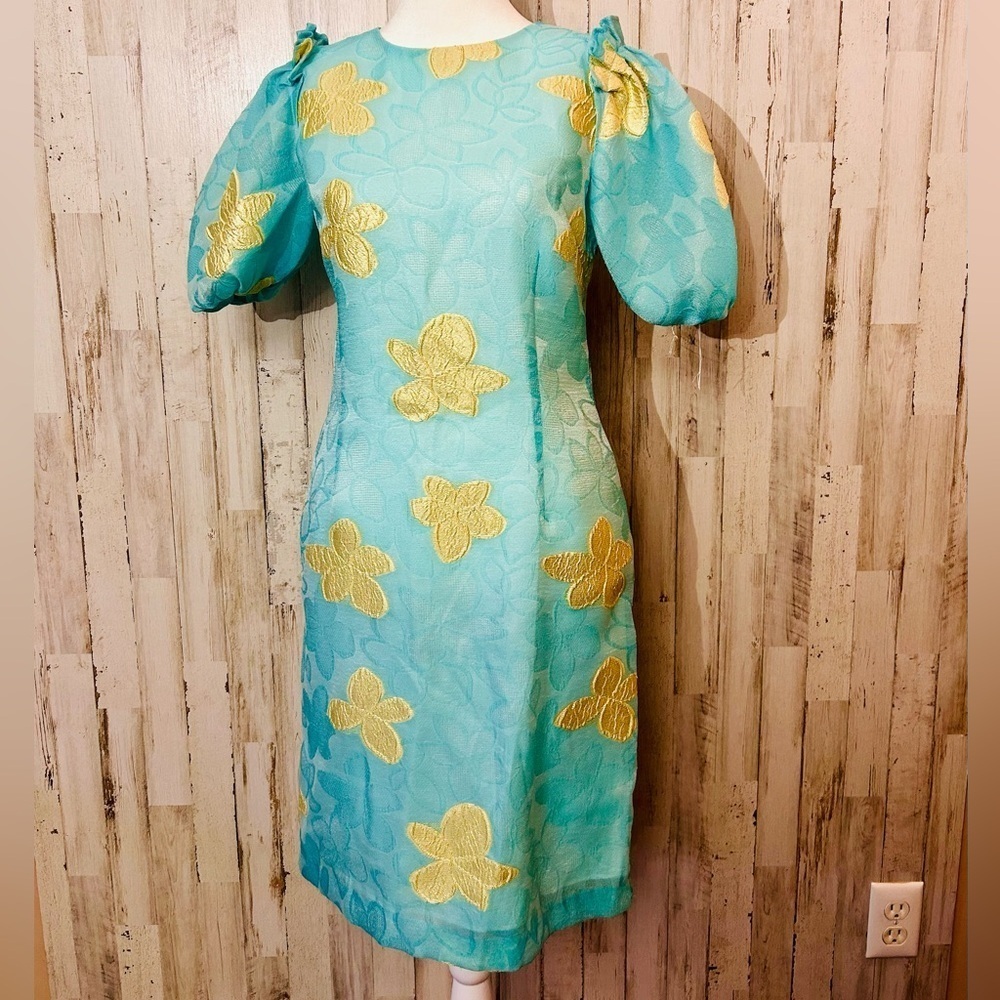 Sara Campbell Puff Sleeve Floral Brocade Shift Dress Blue Gold Size 0